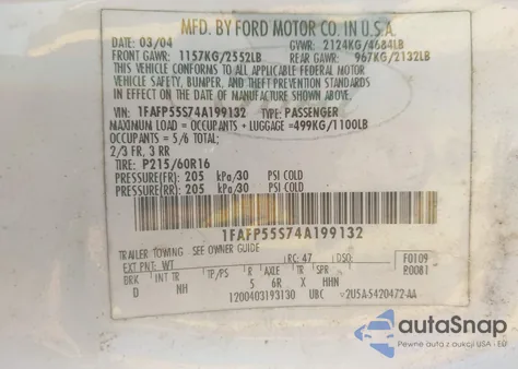 2004 Ford Taurus Ses z USA, uszkodzony, nr VIN 1FAFP55S74A199132